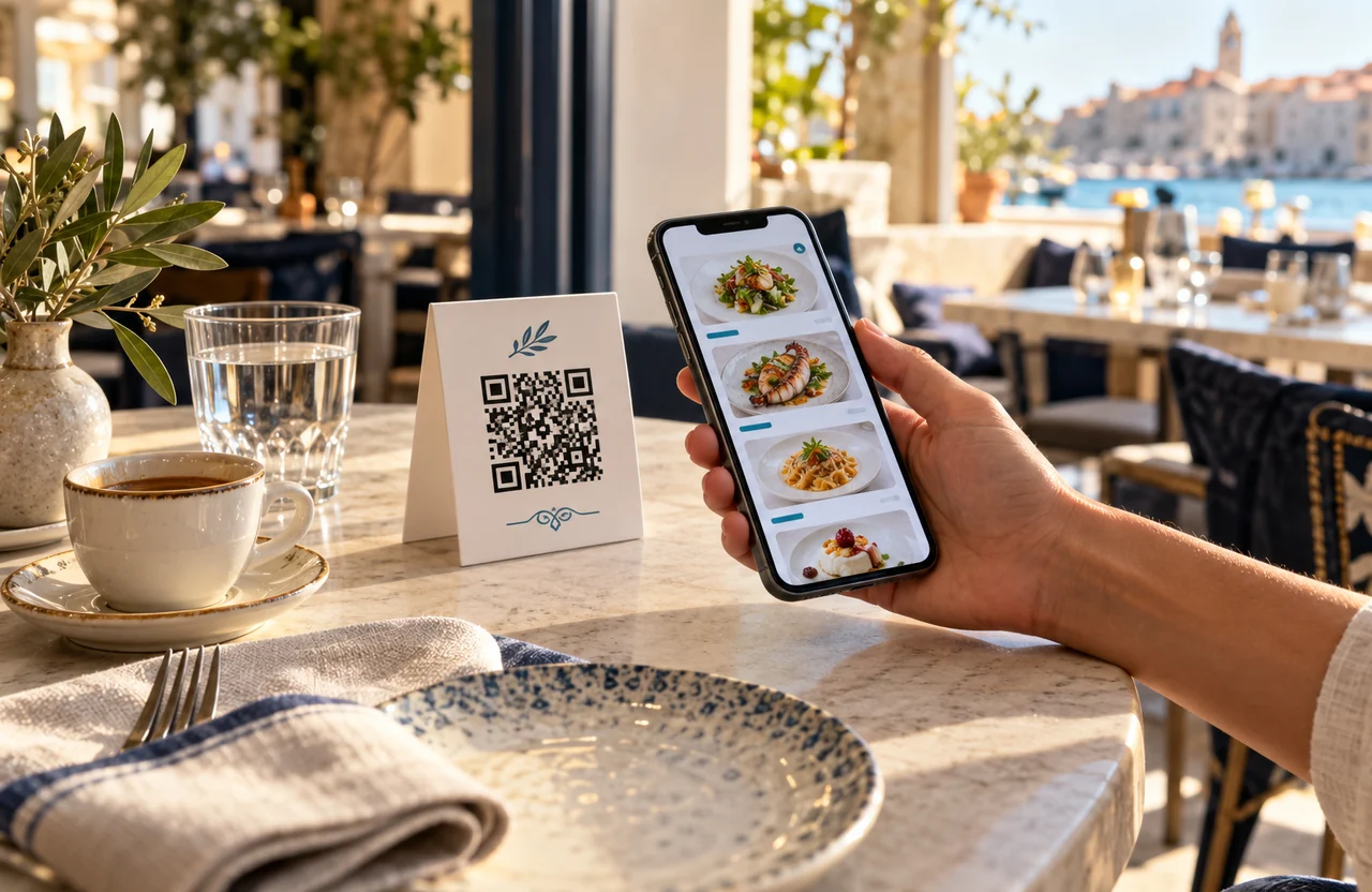 Mobitel i stalak za jelovnik na restoranskom stolu.